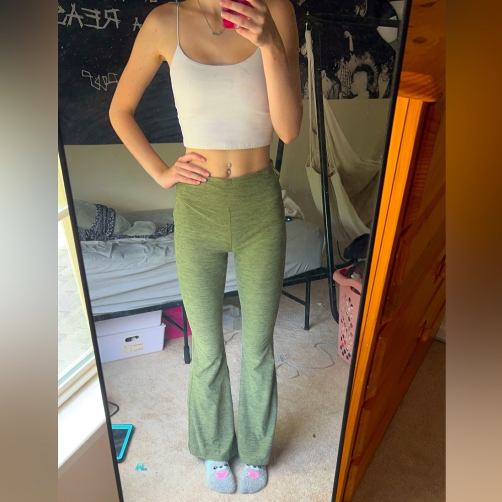 small green fold over flare leggings - soft material